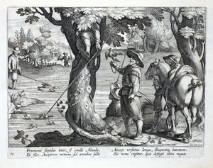 Birdcatchers using rods with rings on to catch birds, illustration from 